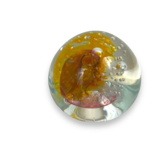 Art Glass Hand Blown Orb Paperweight Orange Red Swirls Bubbles Vintage 2" x 2" - Picture 4 of 9